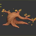 Cartoon Scene with Textured Orange Tree Stump Branches Falling Yellow Leaves Roots Dark Background Reflection