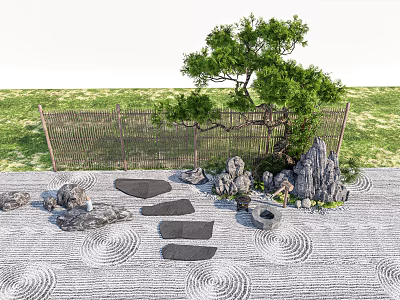 Traditional Karesansui Garden Design With Raked Sand Stones Pine Tree And Bamboo Fence 3d model