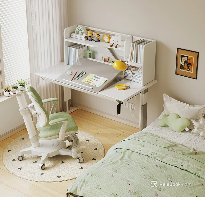 Kids Study Desk With Bookshelf Lamp And Ergonomic Chair For Bedroom Learning Space 3d model 