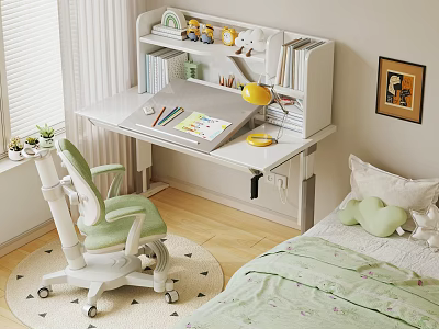 Kids Study Desk With Bookshelf Lamp And Ergonomic Chair For Bedroom Learning Space 3d model