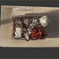 Fresh Assorted Vegetables in Woven Basket with Mushrooms and Red Veggies on Linen Cloth