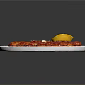 Spicy Seasoned Meat Slices Served On White Plate With Lemon Wedge