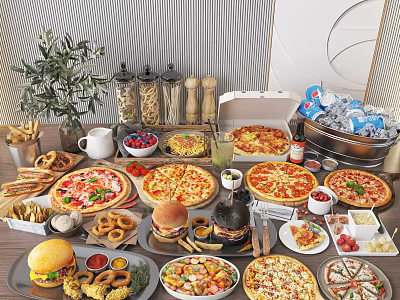 Delicious Assorted Food Spread With Pizza Burgers Salads Snacks And Drinks On Table 3d model