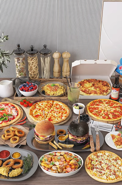 Delicious Assorted Food Spread With Pizza Burgers Salads Snacks And Drinks On Table 3d model