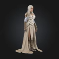Fantasy Female Character In White Robe With Metallic Armor And Long Sleeves