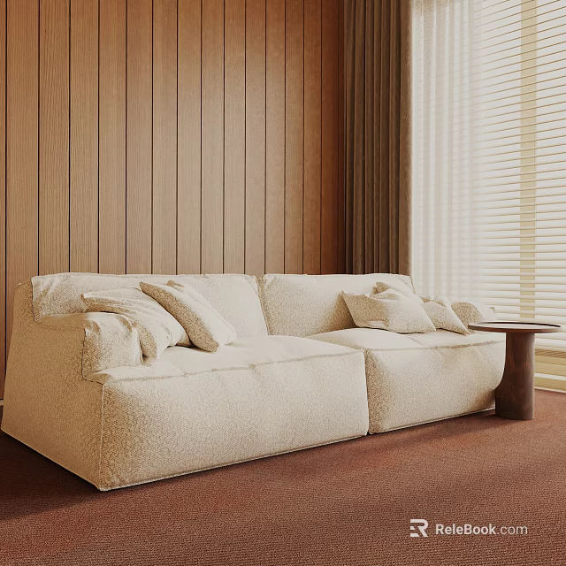 Beige Fluffy Leisure Chair With Wooden Wall Panel Side Table And Window Blinds 3d model 
