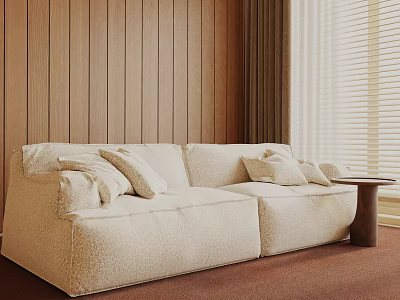 Beige Fluffy Leisure Chair With Wooden Wall Panel Side Table And Window Blinds 3d model