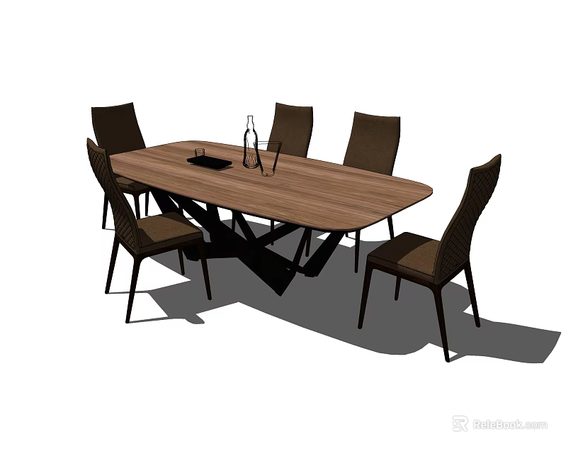 Wooden Dining Table Set With Six Brown Chairs And Wine Bottle Tray On Top 3d model 