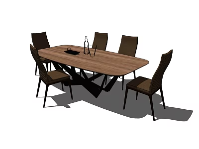 Wooden Dining Table Set With Six Brown Chairs And Wine Bottle Tray On Top 3d model