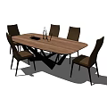 Wooden Dining Table Set With Six Brown Chairs And Wine Bottle Tray On Top