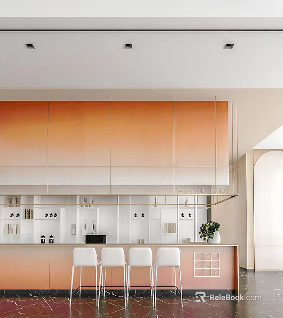 Modern Reception Area With Gradient Orange Wall White Cabinets Chairs And Greenery 3d model 