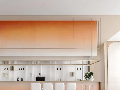 Modern Reception Area With Gradient Orange Wall White Cabinets Chairs And Greenery 3d model
