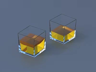 Two Square Shaped Transparent Glasses With Yellow Liquid For Whiskey Serving 3d model