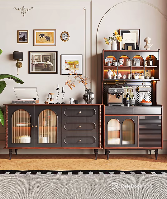 Black Classic Sideboard with Glass Doors Drawers and Coffee Machine Vase Decorations in Living Room 3d model 