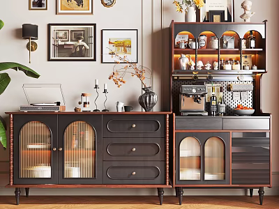 Black Classic Sideboard with Glass Doors Drawers and Coffee Machine Vase Decorations in Living Room 3d model