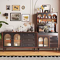 Black Classic Sideboard with Glass Doors Drawers and Coffee Machine Vase Decorations in Living Room