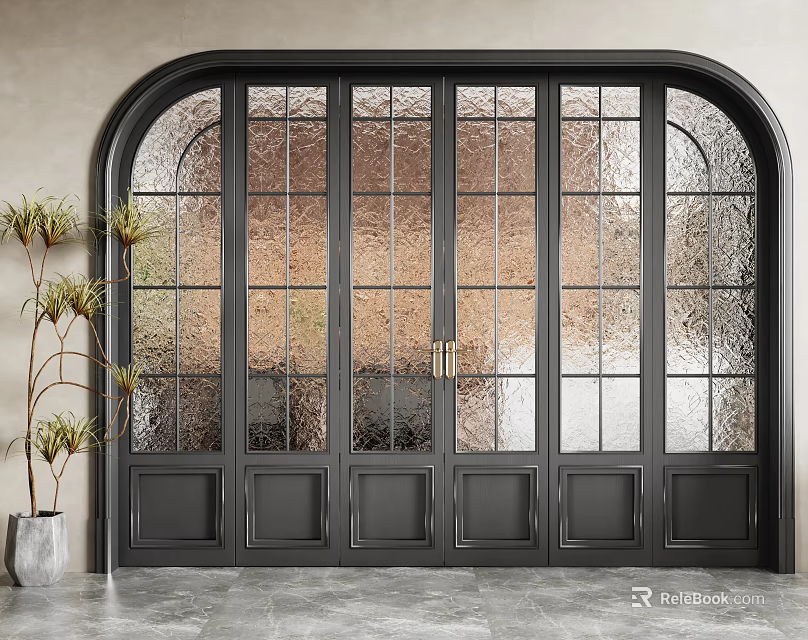 Black Arched Glass Door With Grid Pattern And Potted Plant On Gray Floor 3d model 