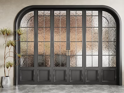 Black Arched Glass Door With Grid Pattern And Potted Plant On Gray Floor 3d model