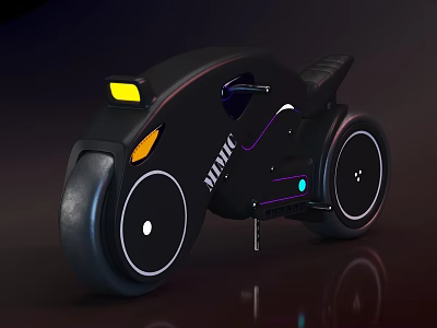 Futuristic Black Motorcycle With Sleek Body Yellow Lights Purple Accents And Large Wheels 3d model