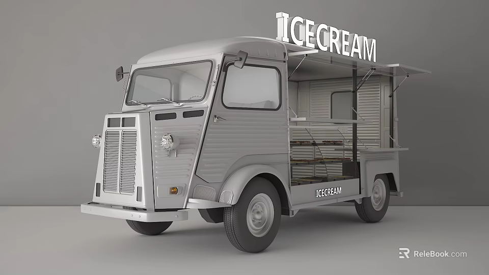 Silver Retro Ice Cream Truck With Open Shelves And Sign 3d model 