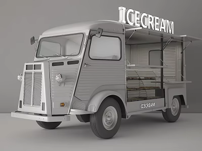 Silver Retro Ice Cream Truck With Open Shelves And Sign 3d model