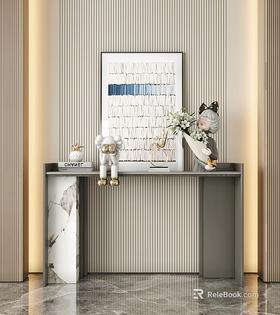 Modern Stylish Console Table With Striped Wall Art Figurines And Green Plant Decor 3d model 