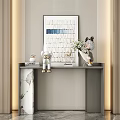Modern Stylish Console Table With Striped Wall Art Figurines And Green Plant Decor
