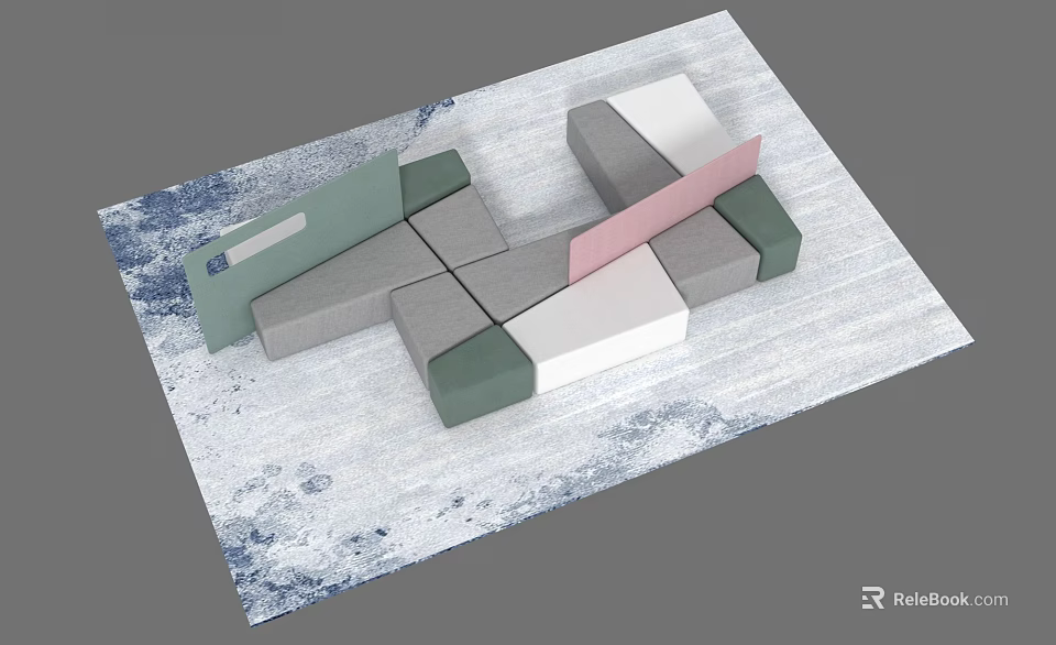 Modular Casual Sofa Set With Green Gray Pink White Modules And Blue Patterned Rug 3d model