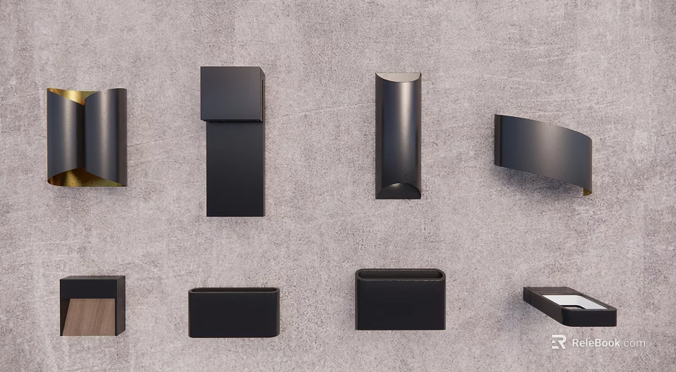 Black Wall Lamps with Various Modern Designs Mounted on Gray Background Wall 3d model 