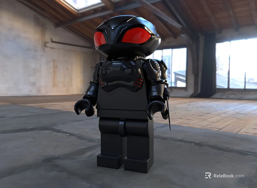 Lego Style Game And Movie Character With Black Armor And Red Eyes In Industrial Studio 3d model 