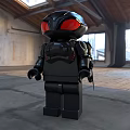 Lego Style Game And Movie Character With Black Armor And Red Eyes In Industrial Studio