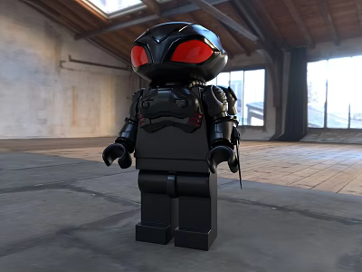 Lego Style Game And Movie Character With Black Armor And Red Eyes In Industrial Studio 3d model