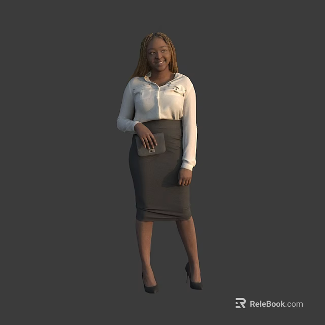Woman in White Shirt and Gray Skirt Holding Gray Clutch with High Heels 3d model 