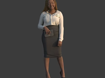 Woman in White Shirt and Gray Skirt Holding Gray Clutch with High Heels 3d model