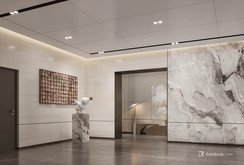 Elegant Modern Interior Space With Marble Wall Sculpture Decorative Painting And Lighting 3d model 