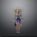 Fantasy Woman Character With Ornate Purple Blue Costume Golden Headdress And Halo Like Back Decoration