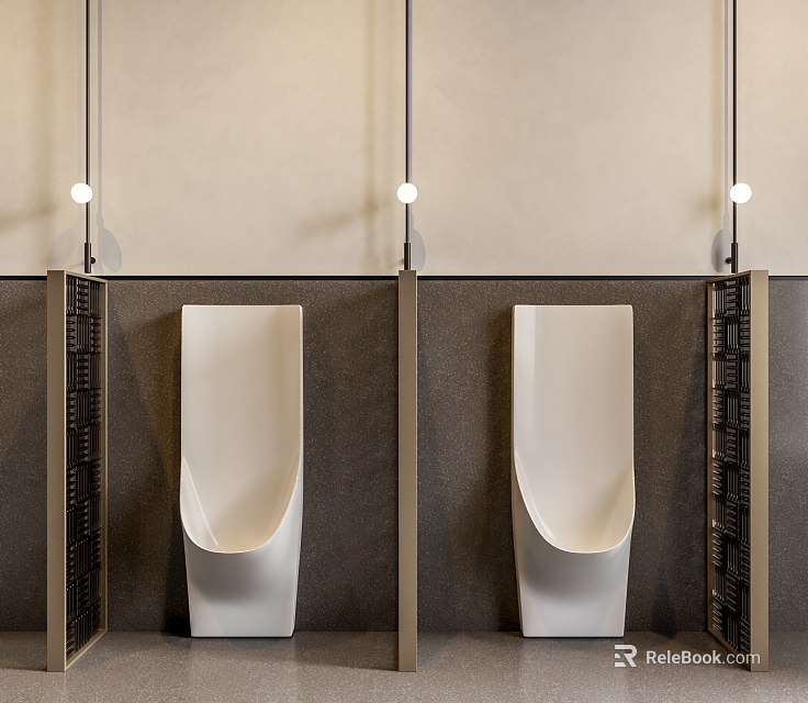 Modern White Urinal in Public Restroom Interior With Stalls Lighting And Fixtures 3d model 
