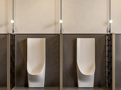 Modern White Urinal in Public Restroom Interior With Stalls Lighting And Fixtures 3d model