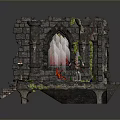 Stone Ruin Scene With Arched Stained Glass Window Flames Candles And Plants