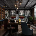 Vintage Industrial Chandelier in Cozy Living Room with Colorful Sofas and Wooden Shelves