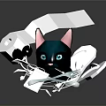 Black Cat With Blue Eyes Surrounded By White Geometric Fragments On Black Background With Reflection