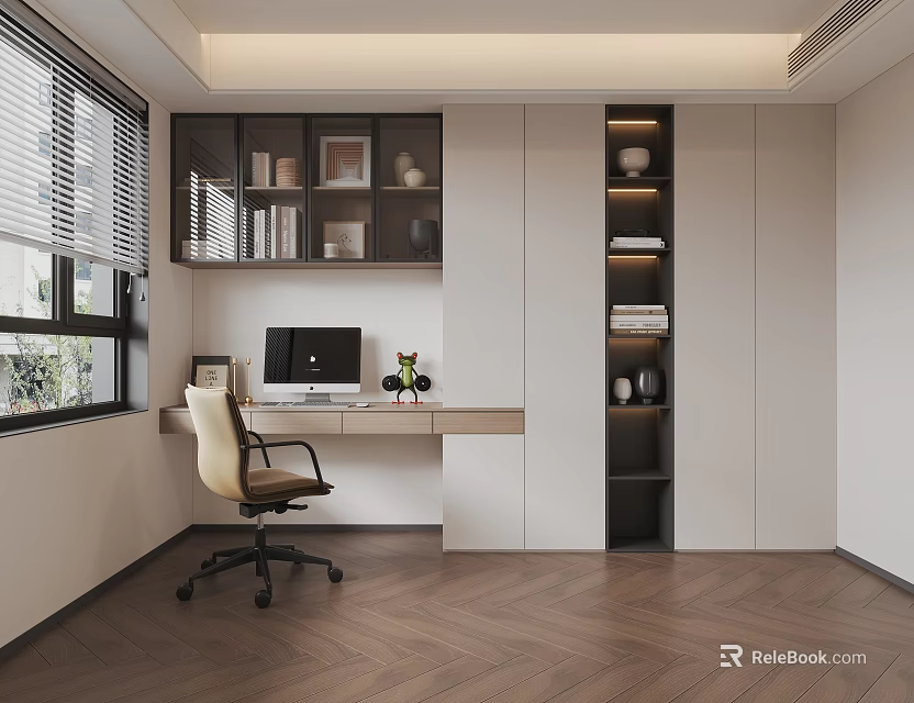 Tatami Bedroom Interior Design With Herringbone Floor Desk Window Bookshelf And Blinds 3d model 