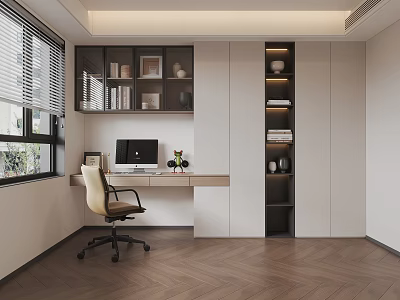 Tatami Bedroom Interior Design With Herringbone Floor Desk Window Bookshelf And Blinds 3d model