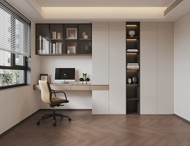 Study Computer Decoration Combination Single Chair Bookcase Venetian Blinds 3d model