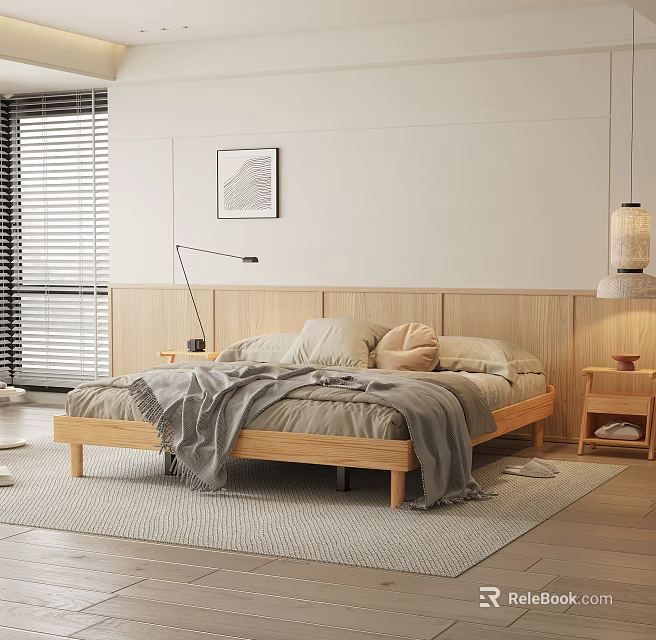 Modern Minimalist Wooden Double Bed With Gray Blanket Pillows And Floor Lamp 3d model 