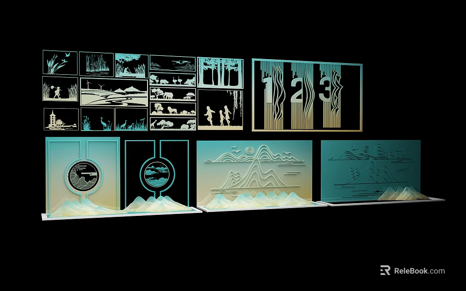 Modern Wall Decor With Carved Nature Scenes Numbers And Geometric Patterns 3d model