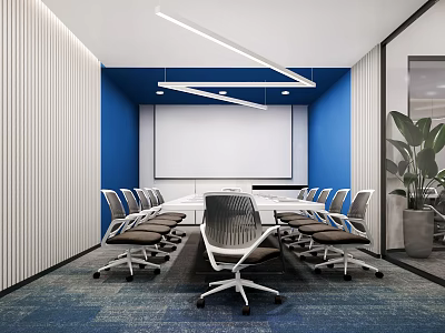 Modern Conference Room Interior With Long Table Ergonomic Chairs Blue Walls Whiteboard And Ceiling Lights 3d model