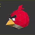 Red Angry Bird in Low Poly Style with Angry Expression on Black Reflective Surface