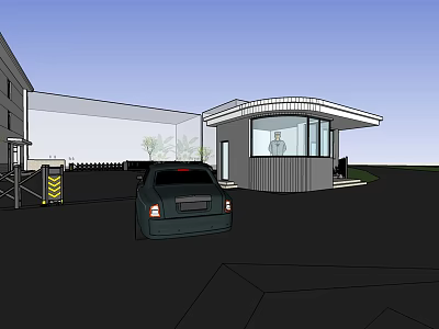Modern Office Building Entrance With Glass Facade Black Gate Car And Trees 3d model