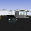 Modern Office Building Entrance With Glass Facade Black Gate Car And Trees